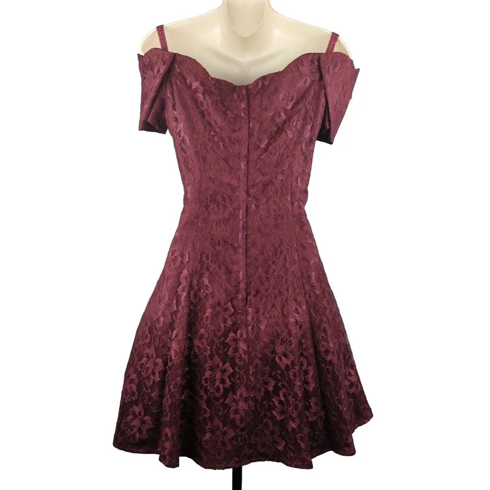 ROBERTA Vintage Dress Fir Flare Off Shoulder 80s Tulle Lace Burgundy Y2K 9/10 8 - Picture 5 of 7